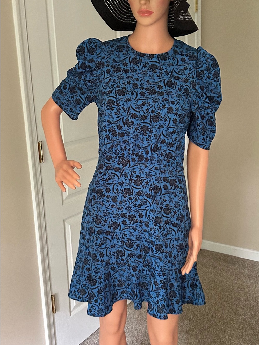 Aqua Blue and Black Floral Midi Dress